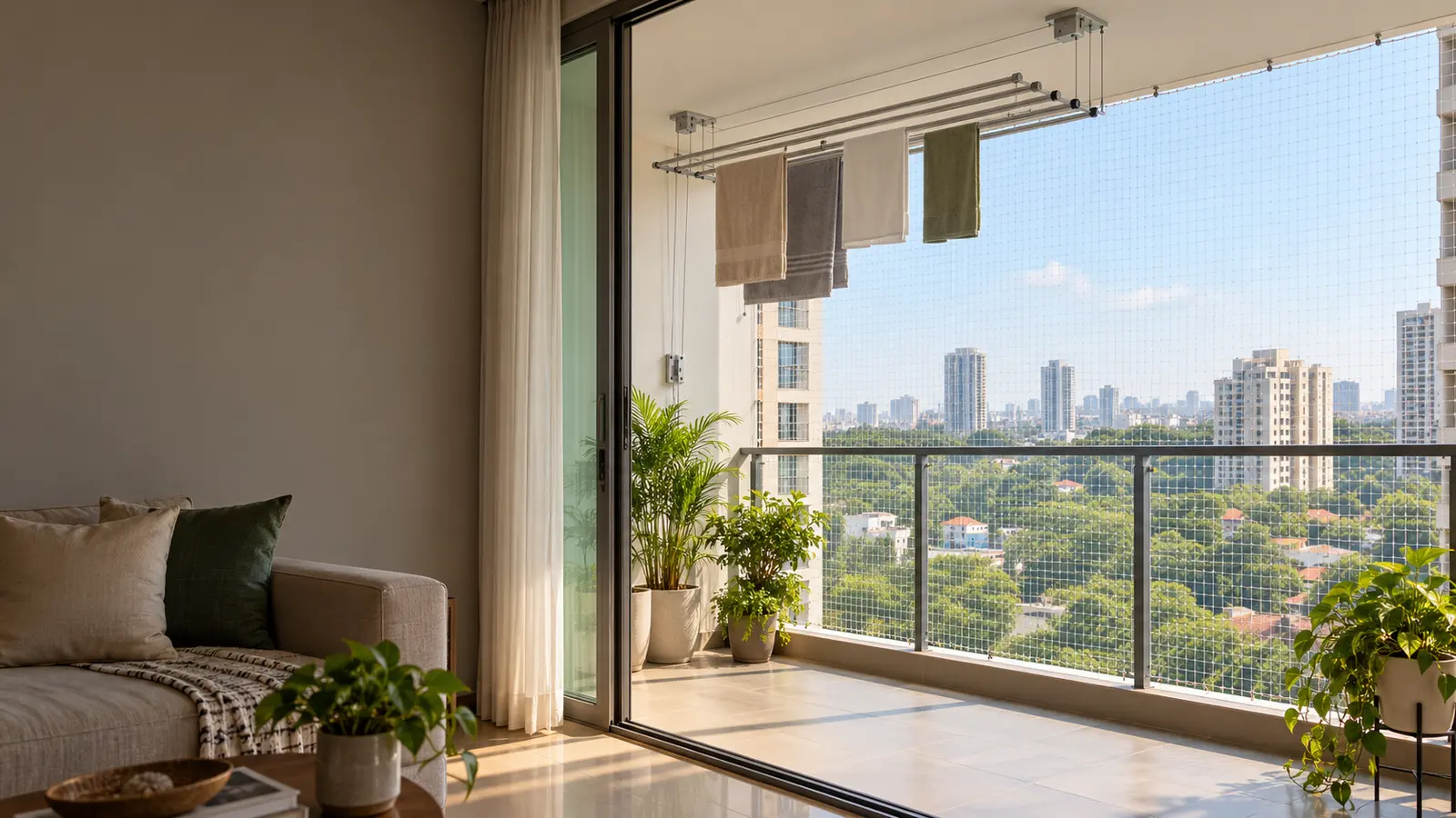 Home balcony with a ceiling-mounted cloth drying hanger