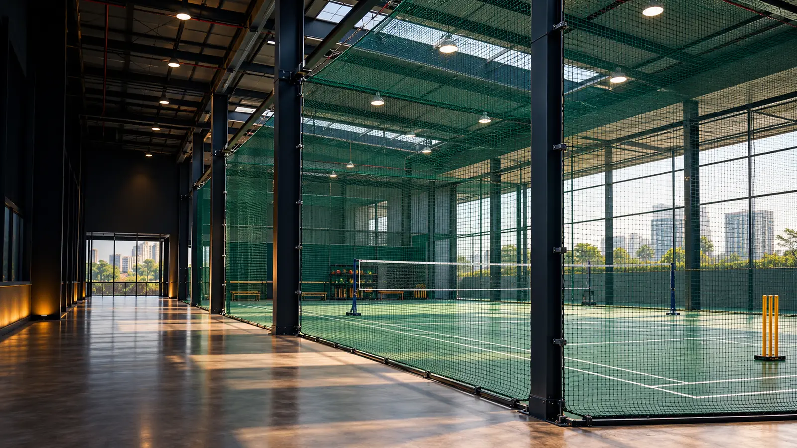 Indoor sports courts with overhead and side netting