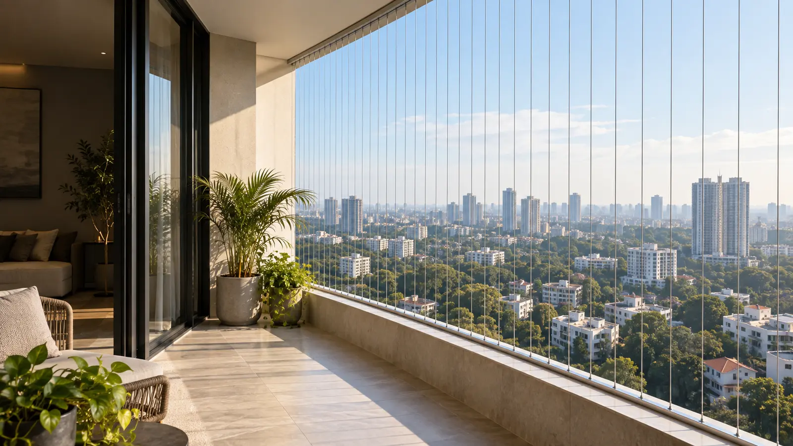 Balcony with thin vertical invisible-grill cables